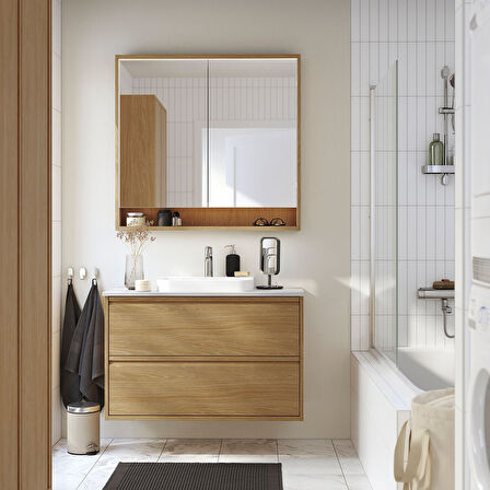 Banyo duvar dolabı, meşe görünümlü, 100x15x95 cm, kablosuz kontrol sürücülü
