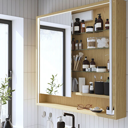 Banyo duvar dolabı, meşe görünümlü, 100x15x95 cm, kablosuz kontrol sürücülü