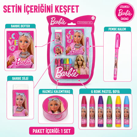 Barbie Okul Kırtasiye Seti – Pastel Boya, Defter, Kalem, Silgi ve Kalemtıraş