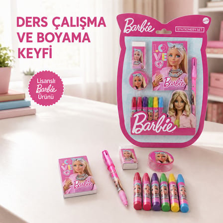 Barbie Okul Kırtasiye Seti – Pastel Boya, Defter, Kalem, Silgi ve Kalemtıraş