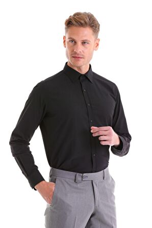 Erkek Siyah Slim Fit Pamuklu Uzun Kollu Gömlek