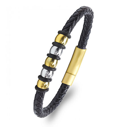   Orijinal Deri ve 316L Altın Tonlu Çelik Erkek Bileklik 31834B21D2 