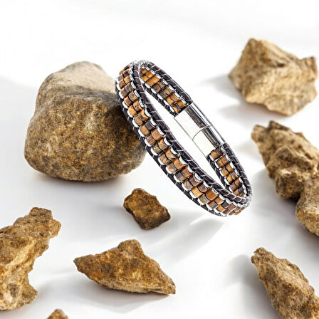  FM Kaplan Gözü & Hematit Çelik Örgülü Deri Bileklik 31832B22D1 