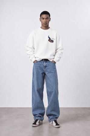 Erkek Natural Patch Detaylı Oversize Sweatshirt Ekru