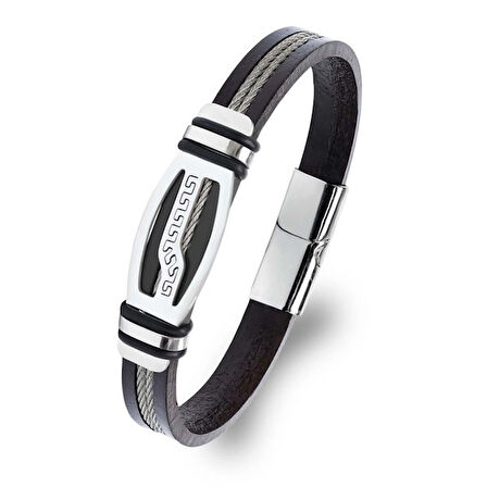   Deri Kordonlu Çelik Halat Erkek Bileklik 31834B17D6 