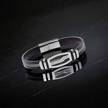   Deri Kordonlu Çelik Halat Erkek Bileklik 31834B17D6 