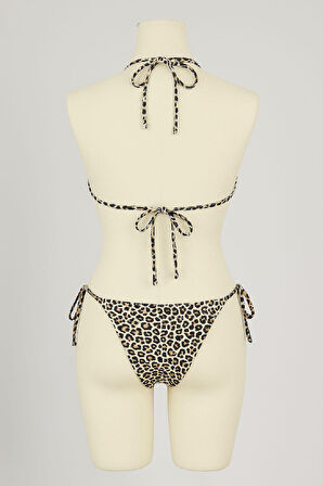 Kadın Siyah Ve Leopar Detaylı Yandan Bağlamalı Bikini Takımı - Leopar - L-XL