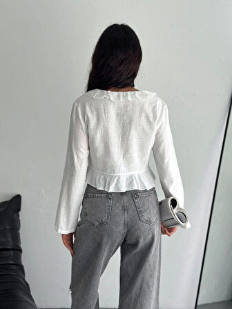 Keten Uzun Kol Bağacık Detaylı Bluz - Beyaz