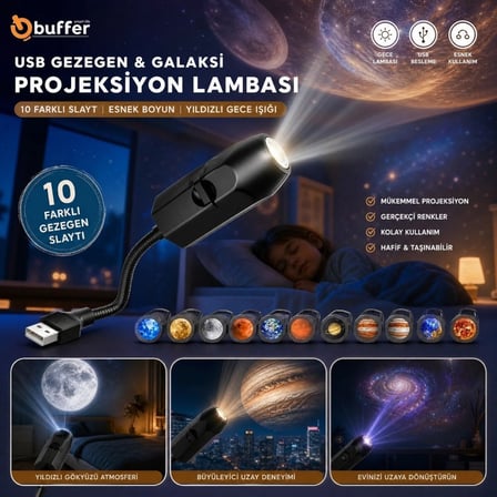 BUFFER USB Gezegen ve Galaksi Projeksiyon Lambası 10 Slaytlı Esnek Boyunlu Yıldızlı Gece Uzay Temalı Dekoratif LED Işık