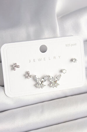 925 Ayar Gümüş Çivi Pirinç Zirkon Taşlı Kelebek Model Kadın Küpe Seti