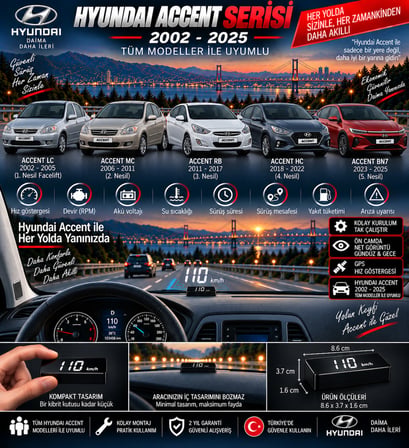 Hyundai accent/accent era/Blue 2002-2026 modeller için head up display hayalet gösterge ekranı ön cam hız göstergesi