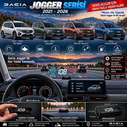 Dacia Jogger 2021-2026 modeller için head up display hayalet gösterge ekranı ön cam hız göstergesi