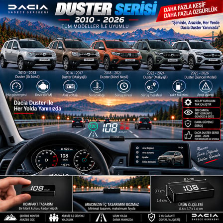 Dacia Duster 2010-2026 modeller için head up display hayalet gösterge ekranı ön cam hız göstergesi