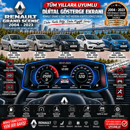 Renault Grand scenic 2004-2023 uyumlu digital gösterge Odb ekran arıza göstergesi turbo gösterge hayalet ekran