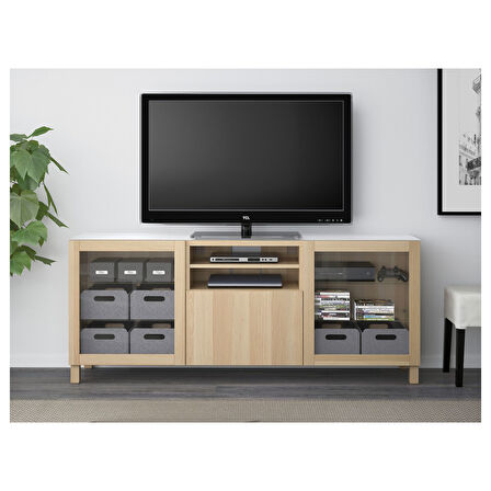 Tv sehpası, beyaz meşe görünümlü-şeffaf cam, 180x40x74 cm, LAPPVIKEN/SINDVIK, STUBBARP, fren raylı
