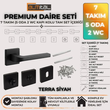 Terra Siyah 5 ADET ODA 2 ADET WC Kare Rozetli Kapı Kolu SET