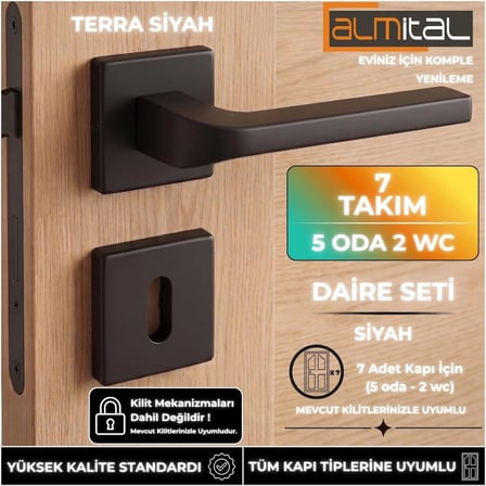 Terra Siyah 5 ADET ODA 2 ADET WC Kare Rozetli Kapı Kolu SET