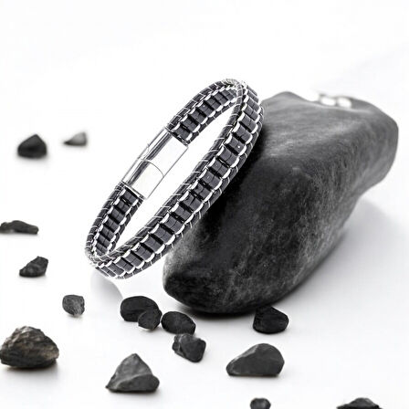  FM Oniks & Hematit Çelik Örgülü Deri Bileklik 31832B22D2 