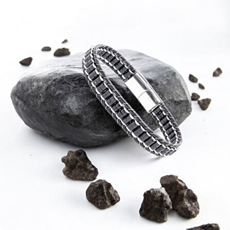  FM Oniks & Hematit Çelik Örgülü Deri Bileklik 31832B22D2 