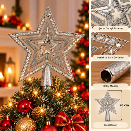 BakGelAl Lüks Yılbaşı Çam Ağacı Tepeliği - 20 cm Özel İşlemeli & Desenli Gümüş (Silver) Işıltılı Yıldız Ağaç Süsü