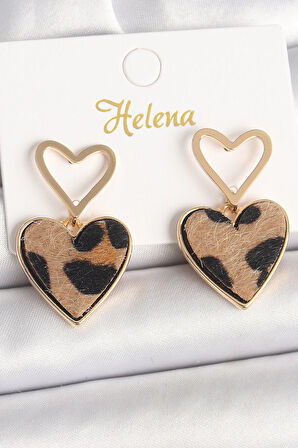 Pirinç Gold Renk Sallantı Leopar Kalp Model Kadın Küpe