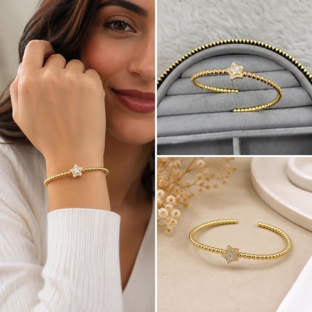 💎 Premium Parlak ve Şık Gold Renk Yıldız Taş Detaylı Kadın Kelepçe Bijuteri Bileklik (20cm)