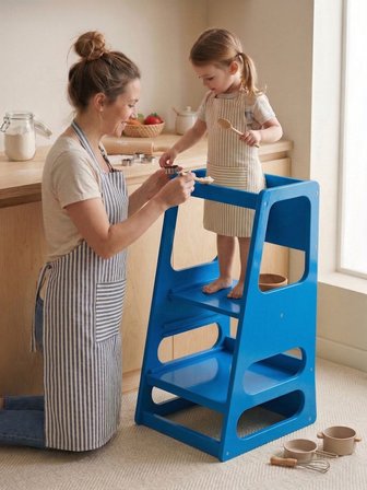 Kaidan Cobalt Blue Renk Çocuk Öğrenme Kulesi-Etkinlik Kulesi Ayarlanabilir Basamaklı Doğal MDF 