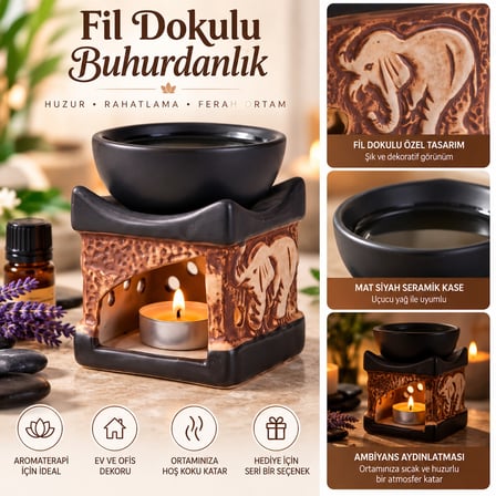 BakGelAl Fil Dokulu Seramik Buhurdanlık – Mat Siyah Kaseli Dekoratif Aromaterapi ve Uçucu Yağlık