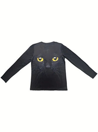Kadın Uzun Kollu Bisiklet Yaka Kedi Desenli Süprem Bluz