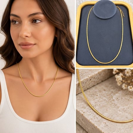 💎 Premium Parlak ve Şık Gold Renk İnce Yılan Zincir 316L Çelik Kadın Kolye (45cm)