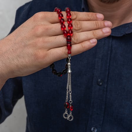 💎 Premium Parlak ve Şık Metal Püsküllü Kırmızı Siyah Sıkma Kehribar Tesbih