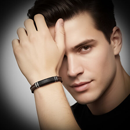  FM Orijinal Deri ve 316L Çelik Siyah-Kahverengi Erkek Bileklik 31834B19D1 