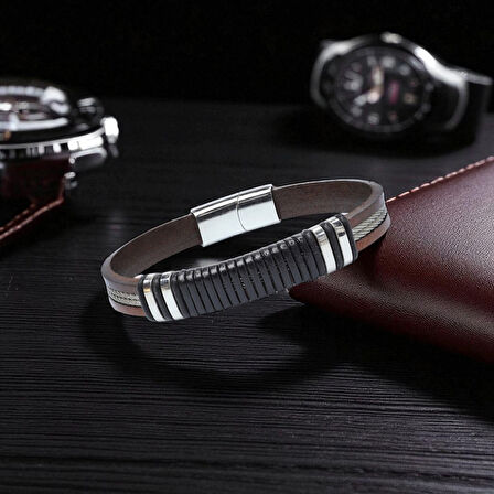  FM Orijinal Deri ve 316L Çelik Siyah-Kahverengi Erkek Bileklik 31834B19D1 