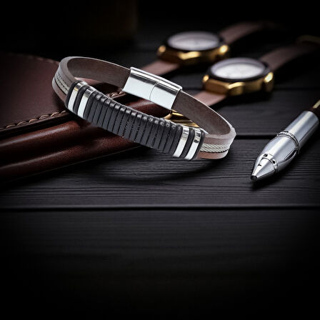  FM Orijinal Deri ve 316L Çelik Siyah-Kahverengi Erkek Bileklik 31834B19D1 