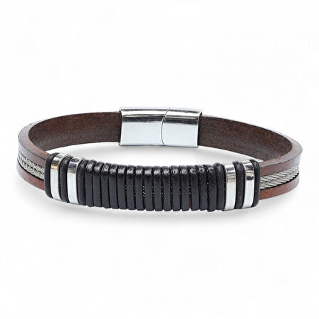  FM Orijinal Deri ve 316L Çelik Siyah-Kahverengi Erkek Bileklik 31834B19D1 