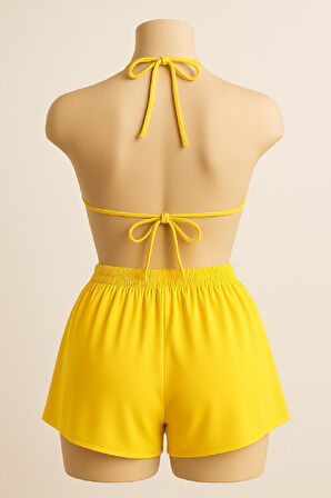 Kadın Sarı Şortlu Belden Ve Boyundan Bağlamalı Bikini Takımı - Sarı - L-XL