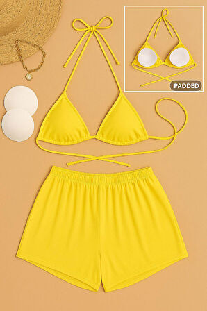 Kadın Sarı Şortlu Belden Ve Boyundan Bağlamalı Bikini Takımı - Sarı - L-XL