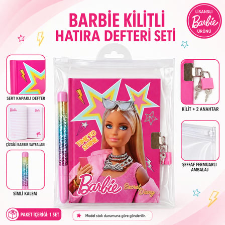 BakGelAl Barbie Kilitli Hatıra Defteri Seti – Kalemli Günlük Defter, Kilit ve Çocuk Kırtasiye Seti