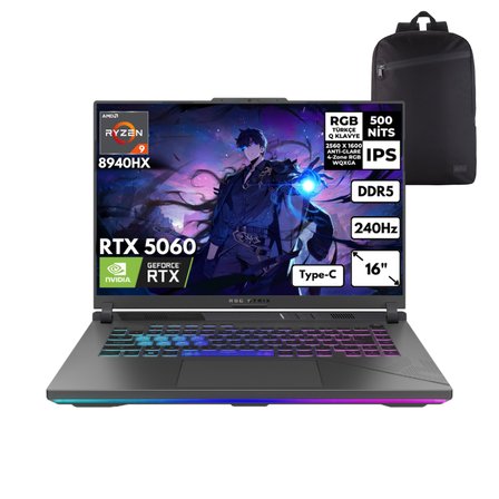 Asus ROG Strix G16 Ryzen9-8940HX 48 -GBDDR5 1 TBSSD RTX5060 (8GB-GDDR7) 16" WQXGA 240Hz Windows 11 Pro + HMF Sırt Çantası G614PM-S5062HMF19