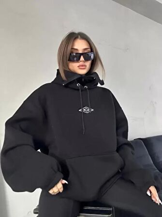 Çift Kapüşonlu Maskeli Fermuarlı Sweatshirt - Siyah