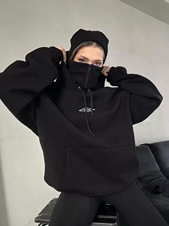 Çift Kapüşonlu Maskeli Fermuarlı Sweatshirt - Siyah