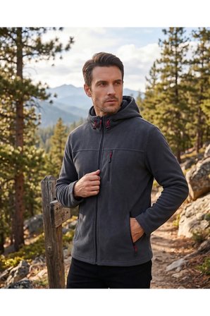 Luxic Core Kapüşonlu Polar Ceket Koyu Gri Fermuarlı Outdoor Mont M