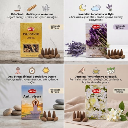 BakGelAl 4’lü Geri Akışlı Şelale Konik Tütsü Seti – Palo Santo, Lavanta, Anti Stress ve Yasemin 40 Adet