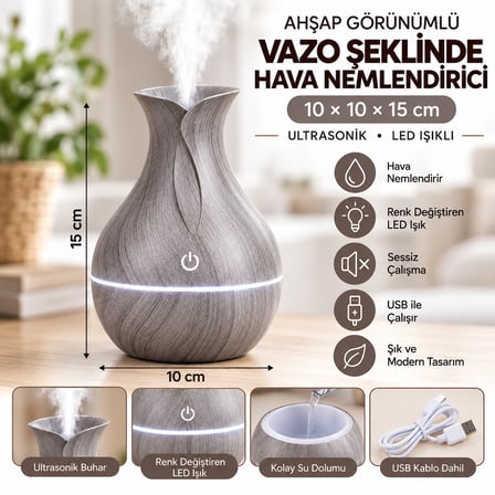 Ahşap Görünümlü Ultrasonik Hava Nemlendirici Aroma Difüzör LED Işıklı USB – VAZO BEYAZ-ŞARJLI