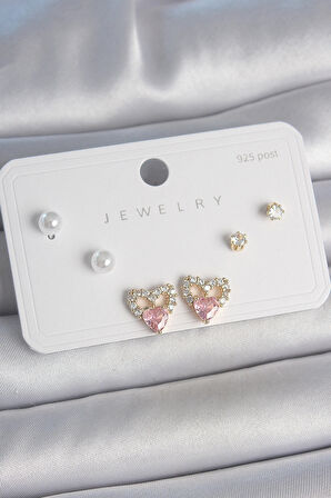 Pirinç Gold Renk Pembe Zirkon Taşlı Kalp Model İnci Detay 925 Ayar Kadın Küpe Seti