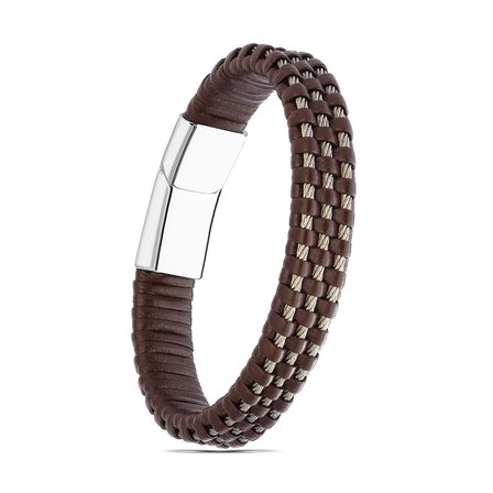 💎 Premium Kahve Deri Burma Örgü Çelik Halat Bileklik 31834B1D3-3 - (21 cm Uzunluk)