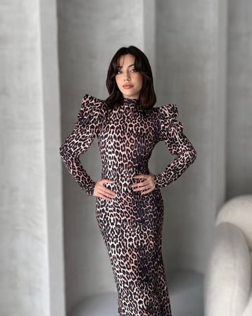 Sırt Dekolteli Leopar Desenli Elbise - KAHVERENGİ - XL