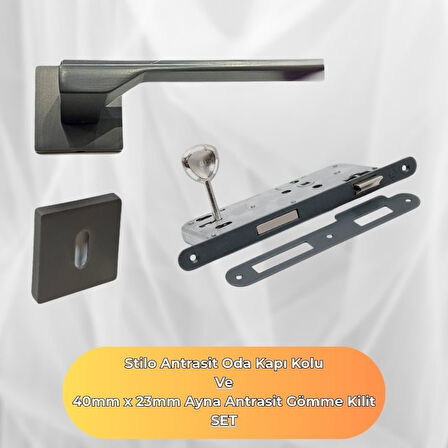 Stilo Antrasit Kare Rozetli Oda Kapı Kolu ve 40X23mm Antrasit Oda Gömme Kilit Set