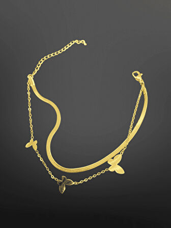 Kelebek Figürlü 316L Çelik Gold Renk Bileklik | Çift Sıralı Zarif El Yapımı Takı