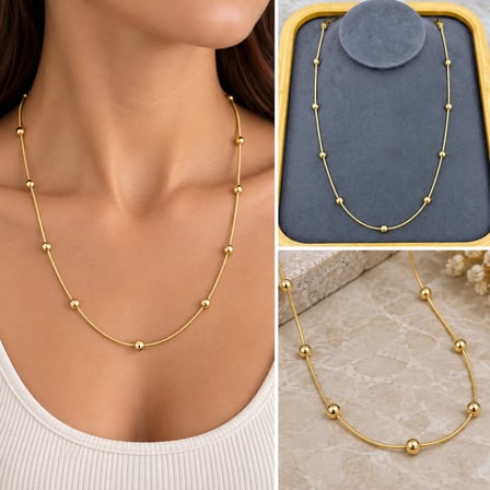 💎 Premium Parlak ve Şık Gold Renk Top Detaylı İnce 316L Çelik Zincir Kadın Kolye (45 cm)